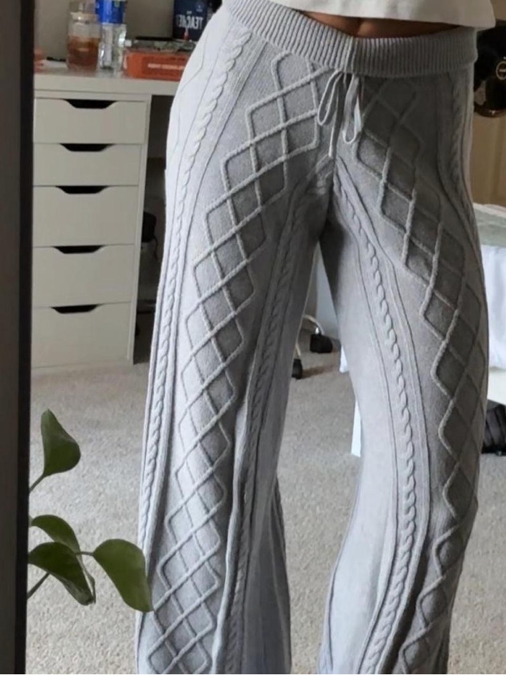 Edikted Light Gray Cable-Knit Wide Leg Pants
